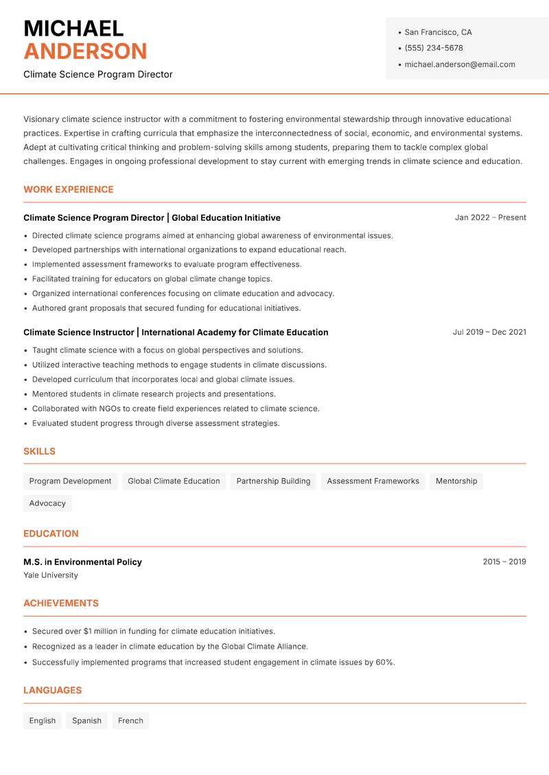 Climate Science Instructor resume sample — Climate Science Program Director focus