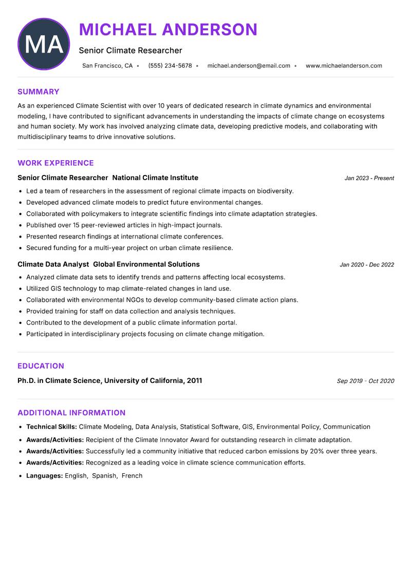 Climate Scientist resume example