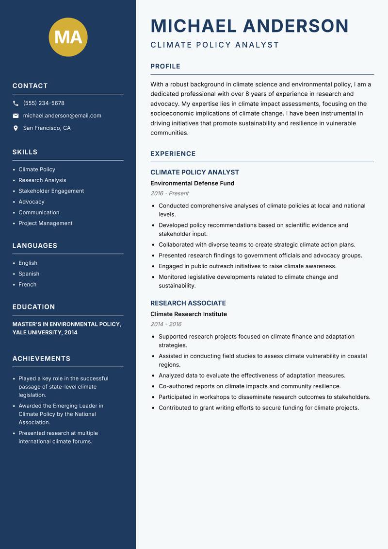 Climate Scientist resume sample — Climate Policy Analyst focus