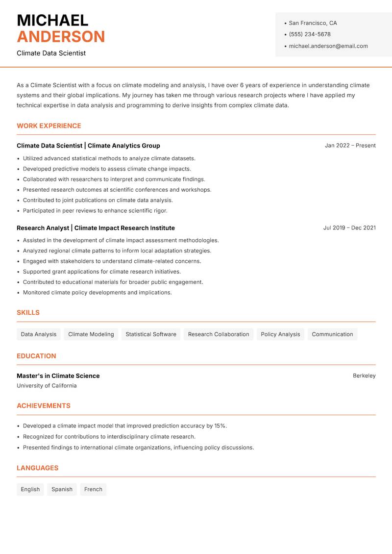 Climate Scientist resume sample — Climate Data Scientist focus