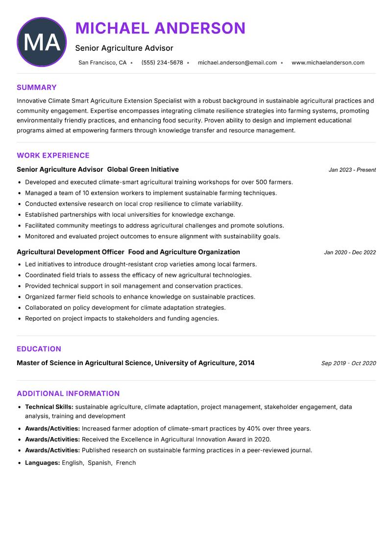 Climate Smart Agriculture Extension Specialist resume example