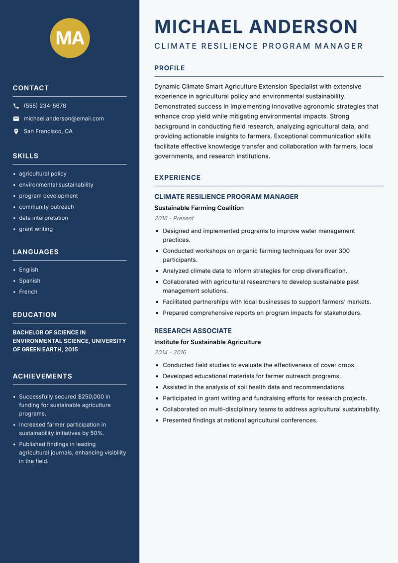 Climate Smart Agriculture Extension Specialist resume sample — Climate Resilience Program Manager focus