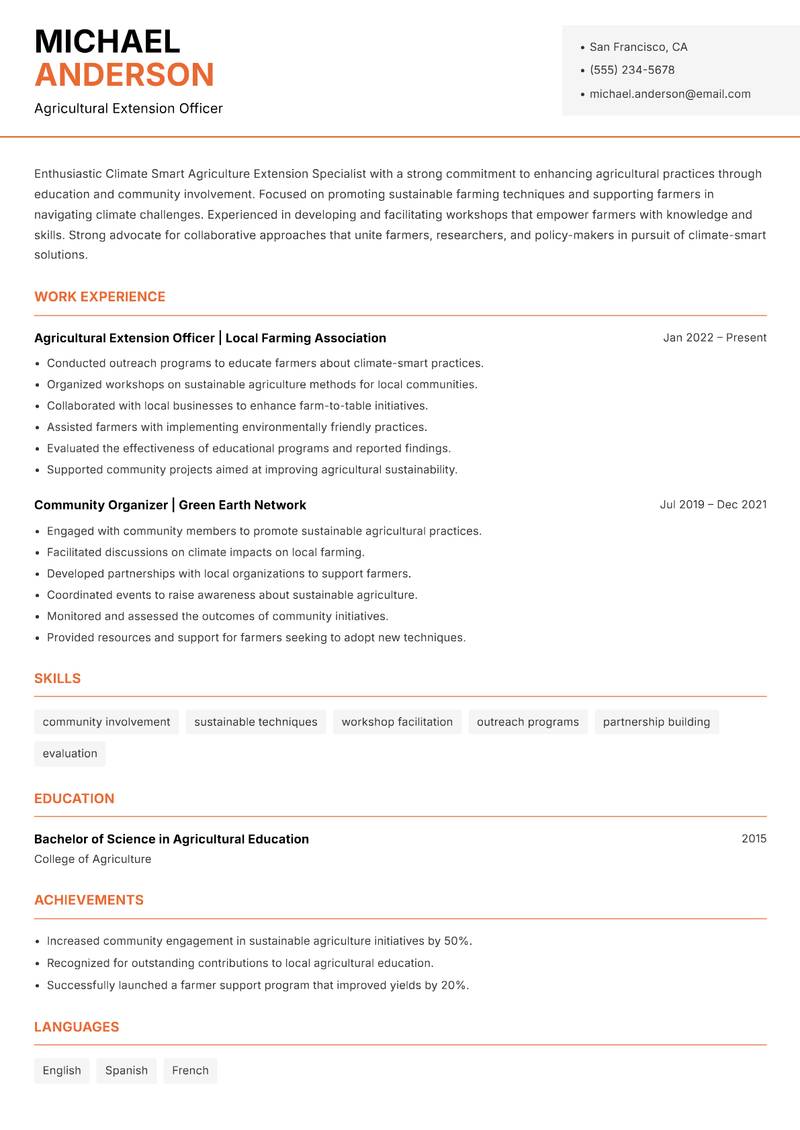 Climate Smart Agriculture Extension Specialist resume sample — Agricultural Extension Officer focus