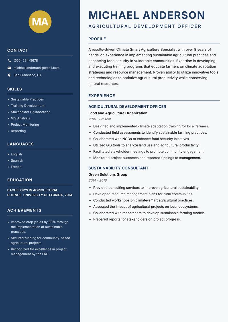 Climate Smart Agriculture Specialist resume sample — Agricultural Development Officer focus
