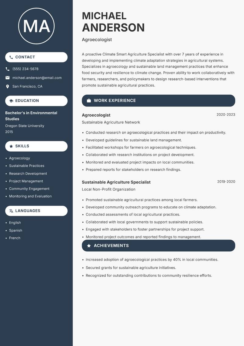 Climate Smart Agriculture Specialist resume sample — Agroecologist focus
