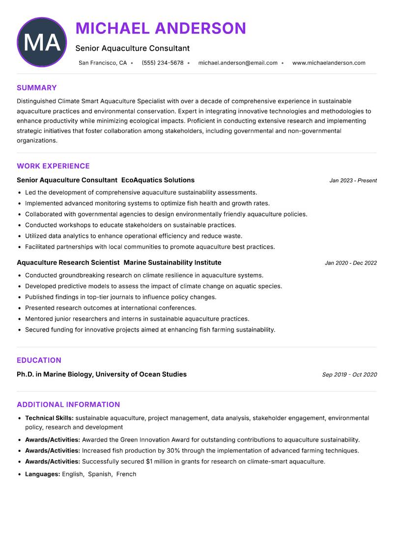 Climate Smart Aquaculture Specialist resume example