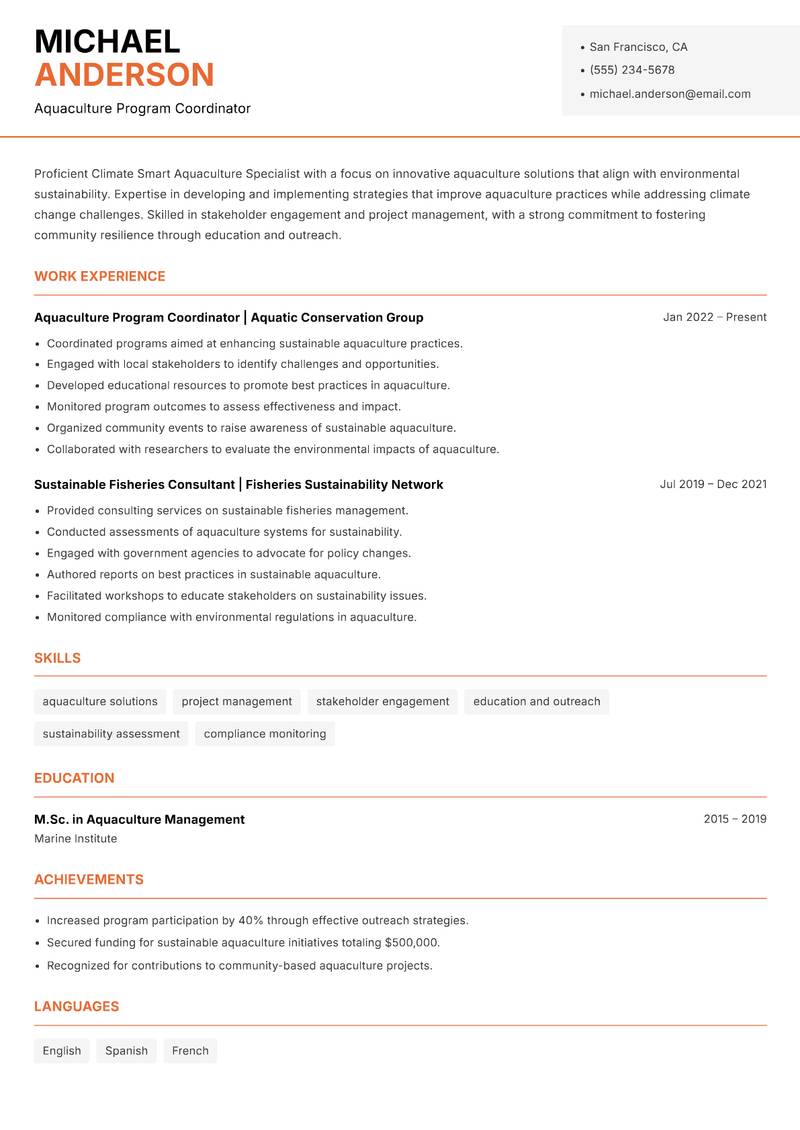 Climate Smart Aquaculture Specialist resume sample — Aquaculture Program Coordinator focus
