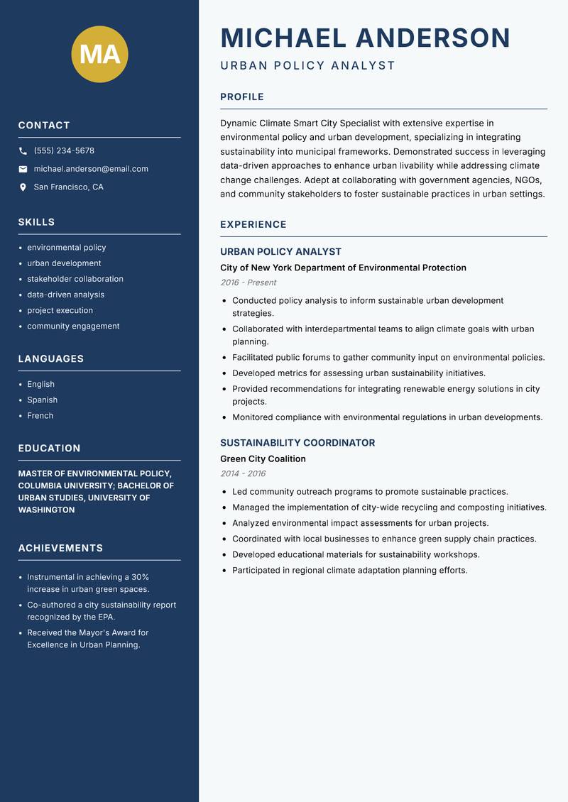 Climate Smart City Specialist resume sample — Urban Policy Analyst focus