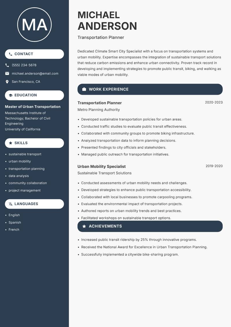 Climate Smart City Specialist resume sample — Transportation Planner focus