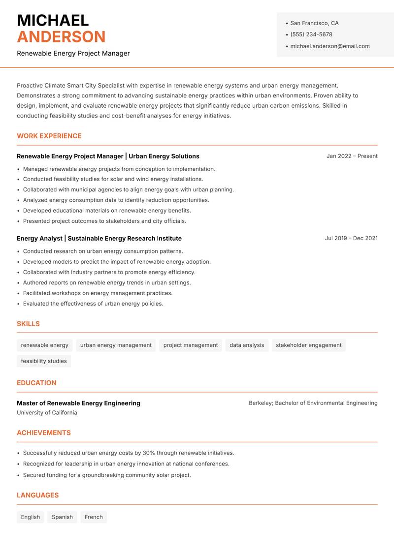 Climate Smart City Specialist resume sample — Renewable Energy Project Manager focus