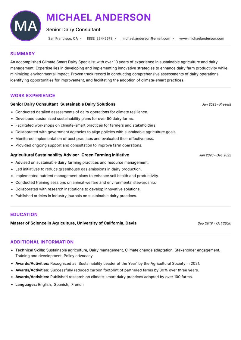 Climate Smart Dairy Specialist resume example