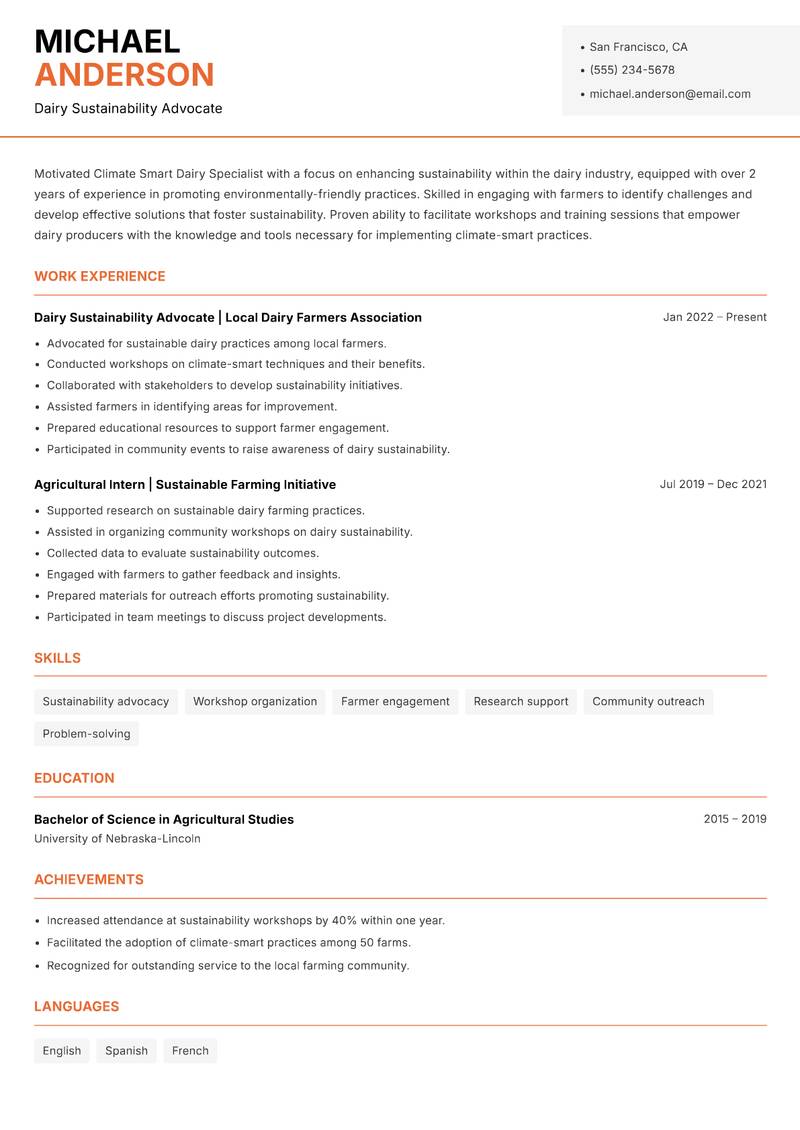 Climate Smart Dairy Specialist resume sample — Dairy Sustainability Advocate focus