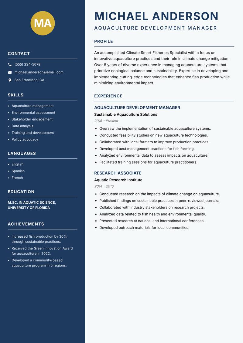 Climate Smart Fisheries Specialist resume sample — Aquaculture Development Manager focus