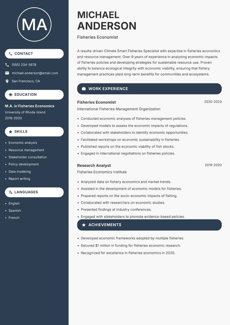 Climate Smart Fisheries Specialist resume sample — Fisheries Economist focus