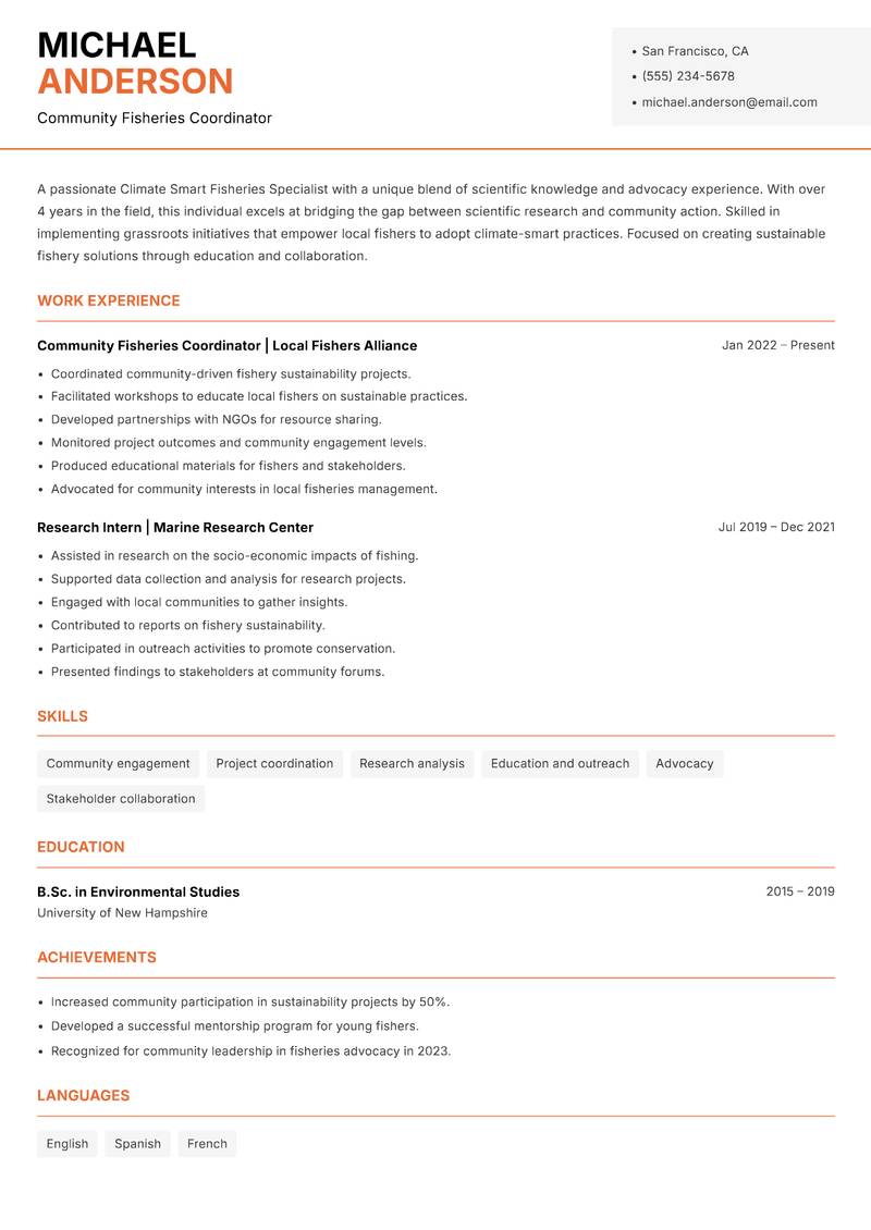 Climate Smart Fisheries Specialist resume sample — Community Fisheries Coordinator focus