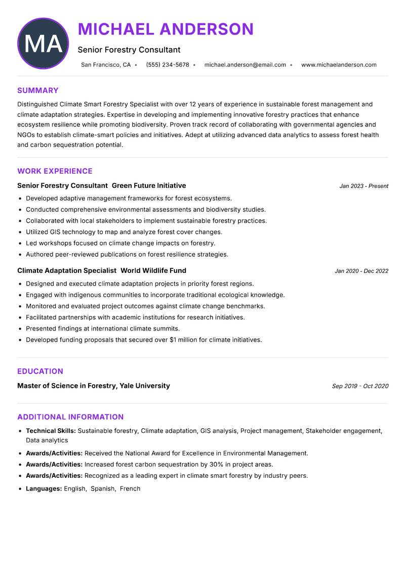 Climate Smart Forestry Specialist resume example