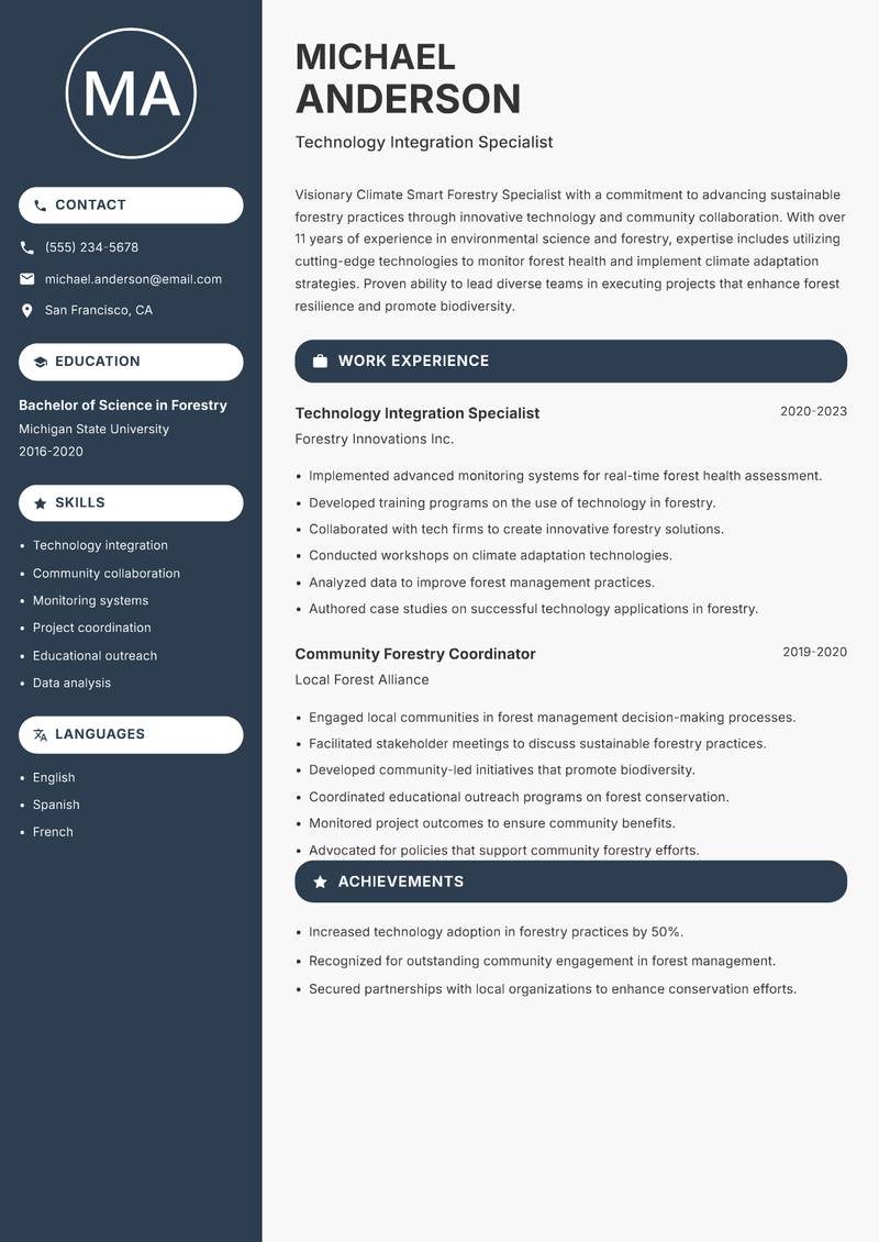 Climate Smart Forestry Specialist resume sample — Technology Integration Specialist focus