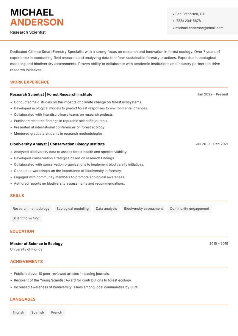 Climate Smart Forestry Specialist resume sample — Research Scientist focus