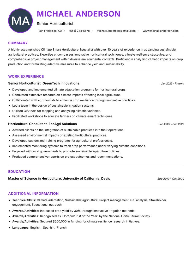 Climate Smart Horticulture Specialist resume example