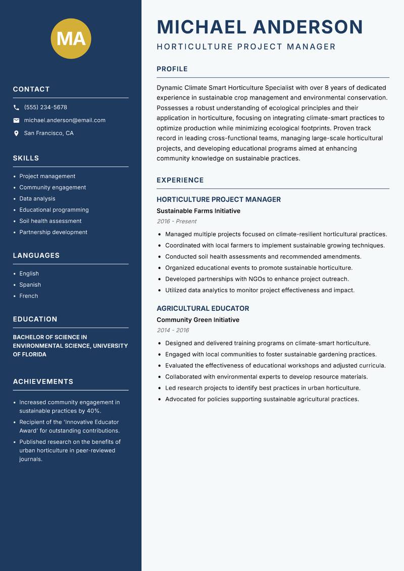 Climate Smart Horticulture Specialist resume sample — Horticulture Project Manager focus