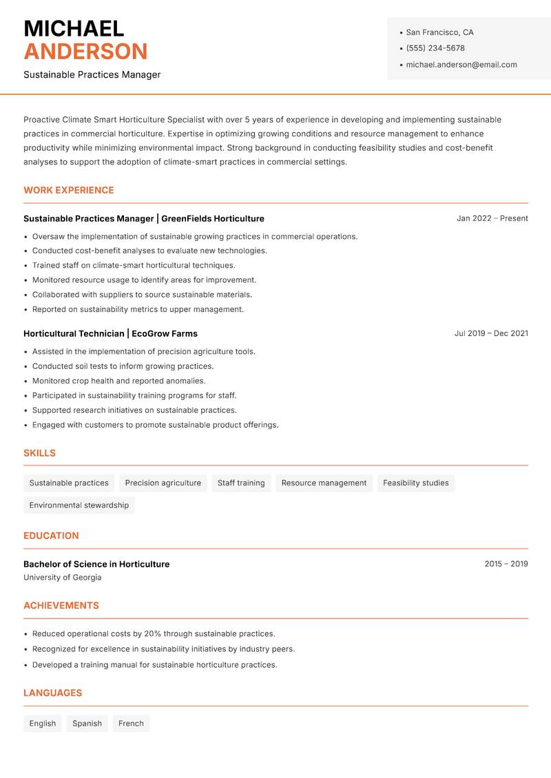 Climate Smart Horticulture Specialist resume sample — Sustainable Practices Manager focus