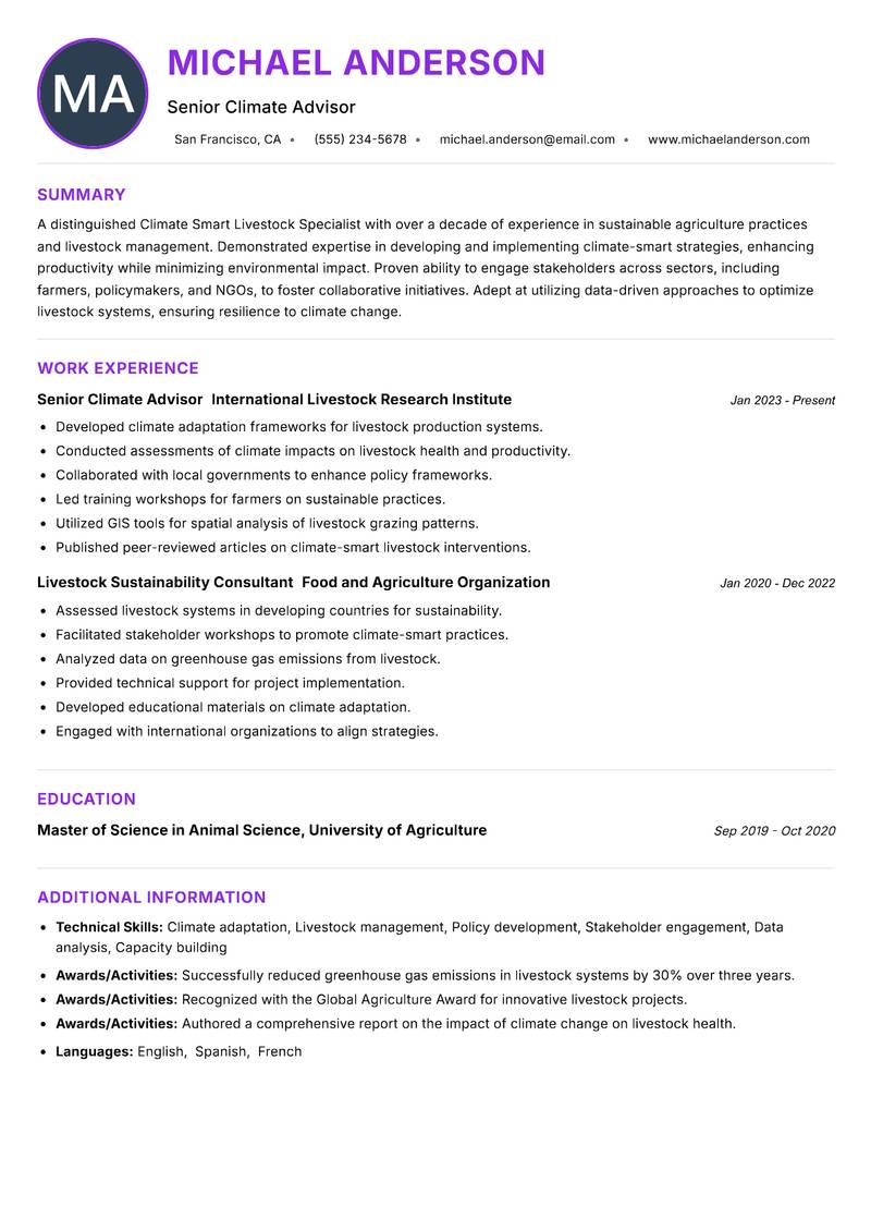 Climate Smart Livestock Specialist resume example