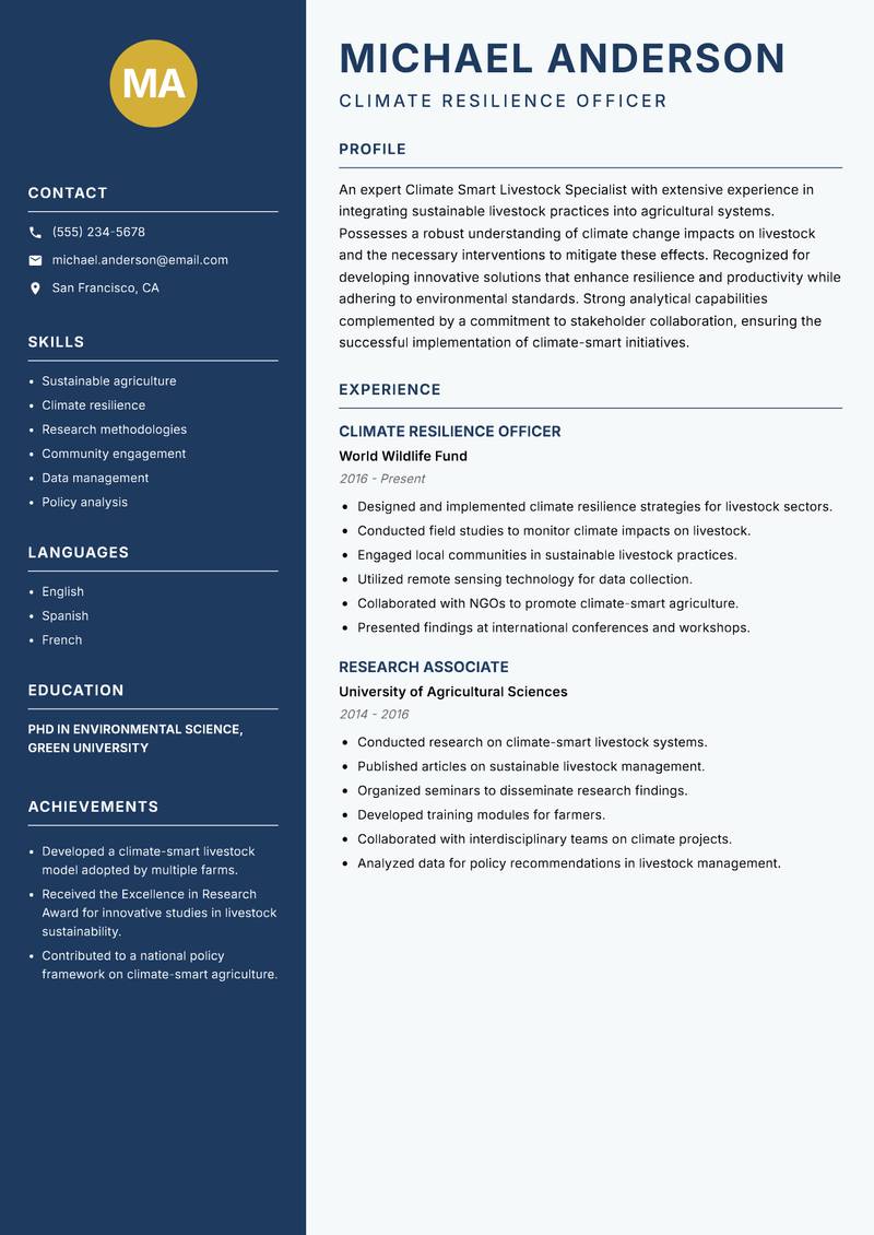 Climate Smart Livestock Specialist resume sample — Climate Resilience Officer focus