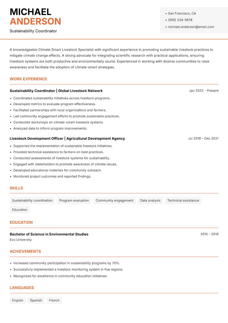 Climate Smart Livestock Specialist resume sample — Sustainability Coordinator focus