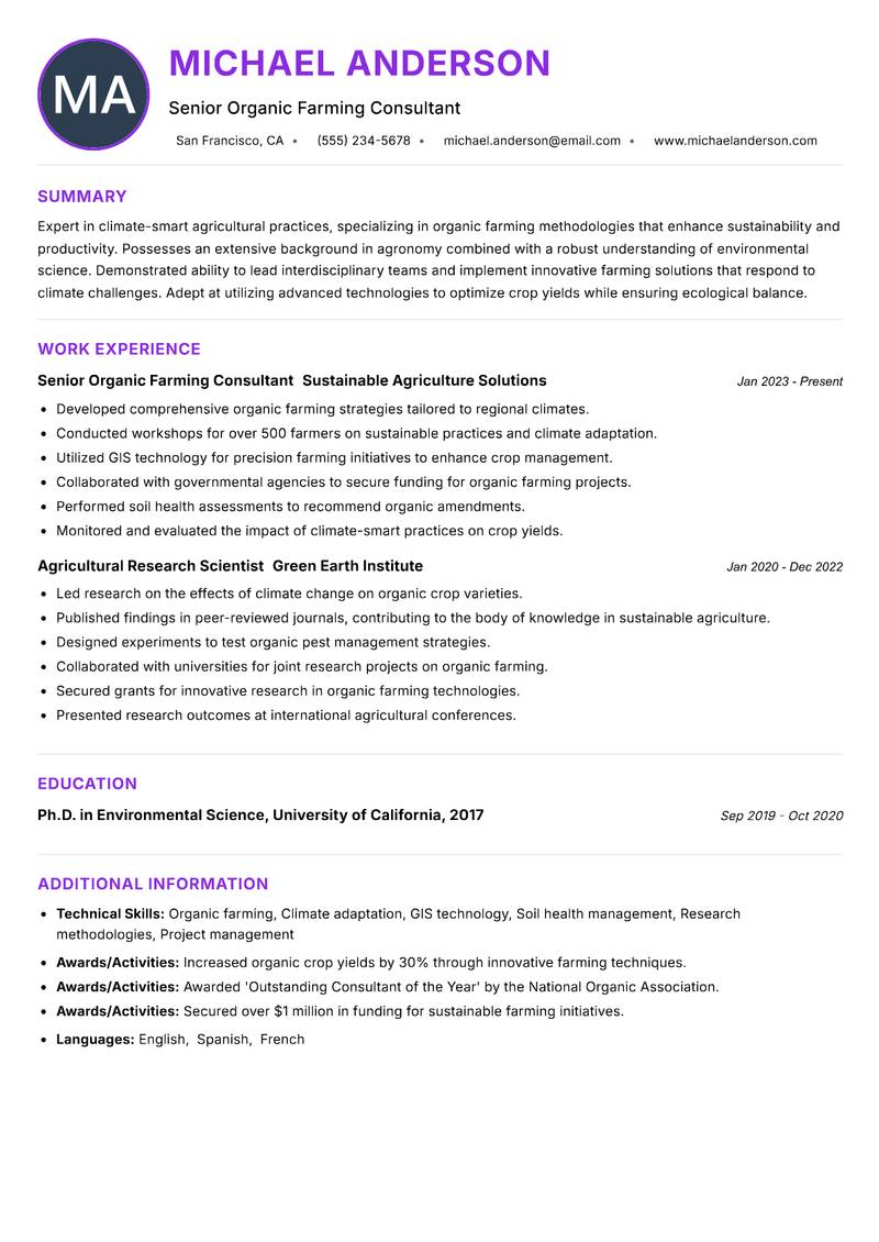 Climate Smart Organic Farming Specialist resume example