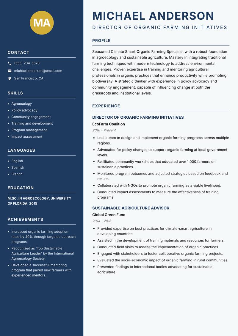 Climate Smart Organic Farming Specialist resume sample — Director of Organic Farming Initiatives focus