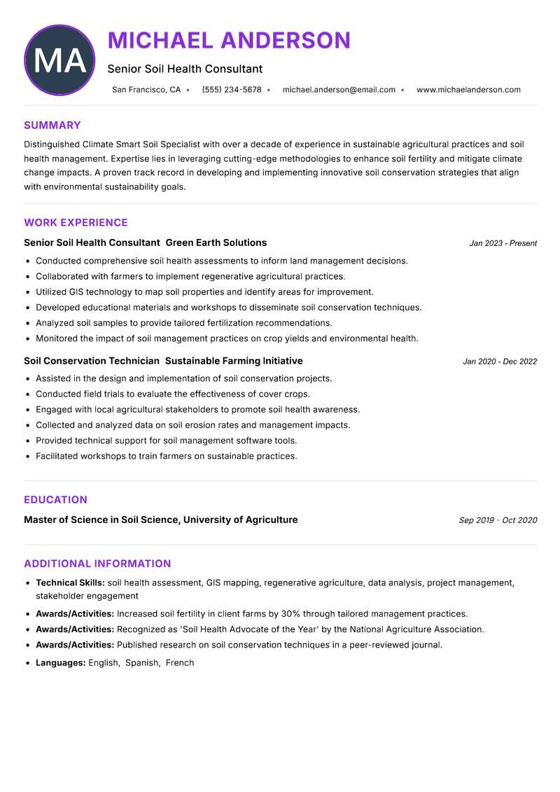 Climate Smart Soil Specialist resume example