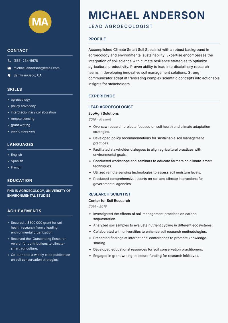 Climate Smart Soil Specialist resume sample — Lead Agroecologist focus