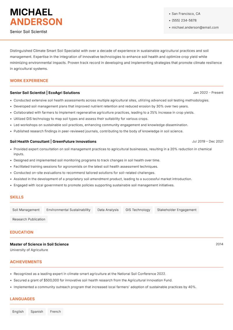 Climate Smart Soil Specialist resume sample — Senior Soil Scientist focus
