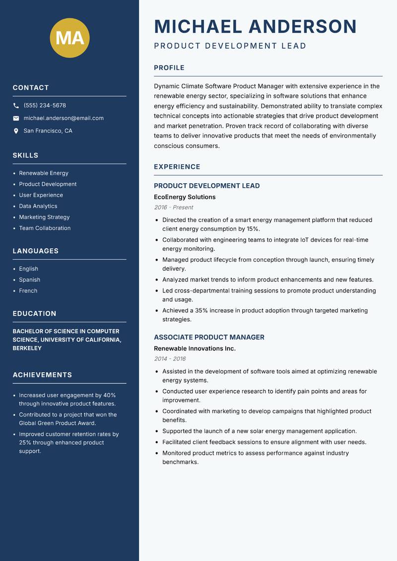 Climate Software Product Manager resume sample — Product Development Lead focus