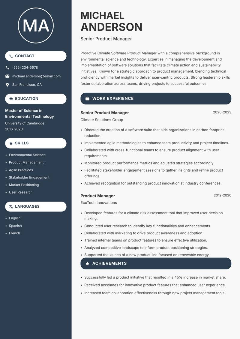 Climate Software Product Manager resume sample — Senior Product Manager focus