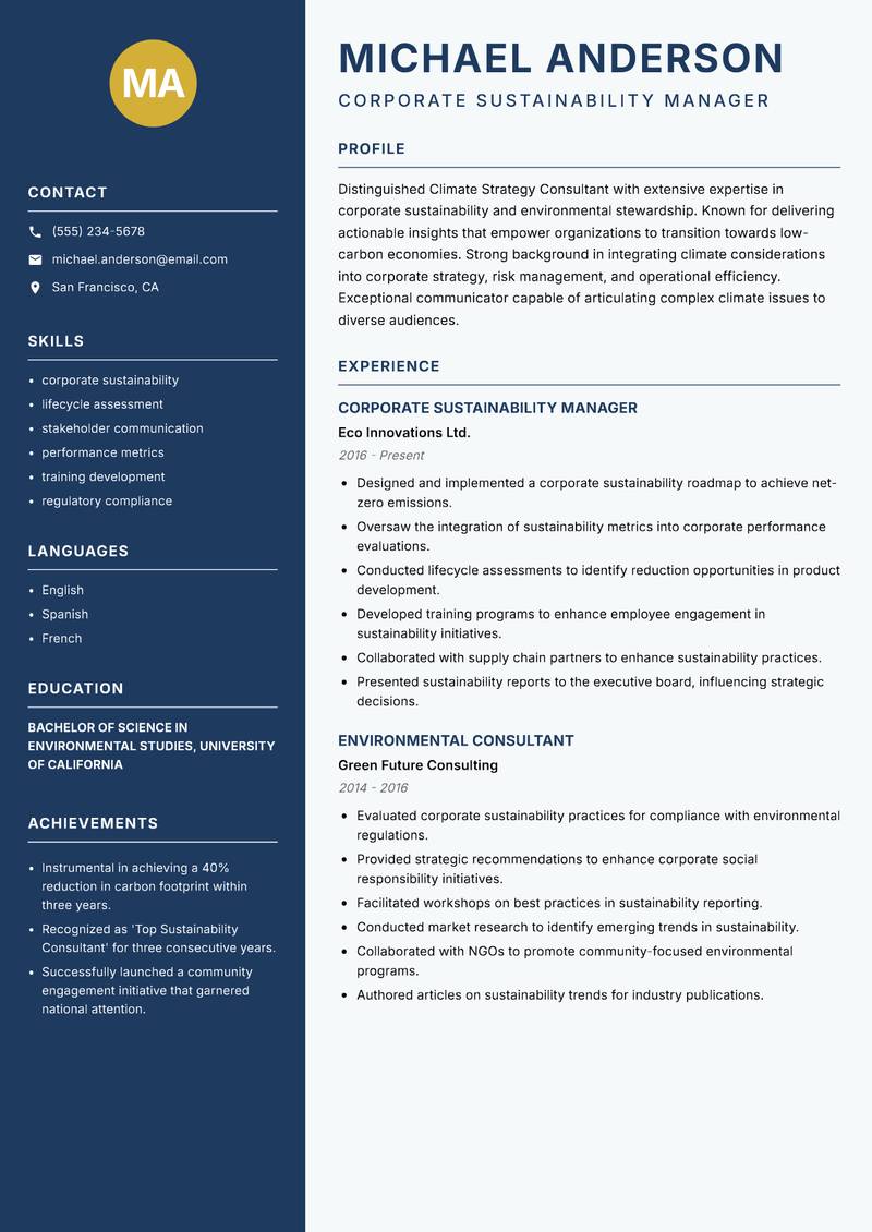 Climate Strategy Consultant resume sample — Corporate Sustainability Manager focus