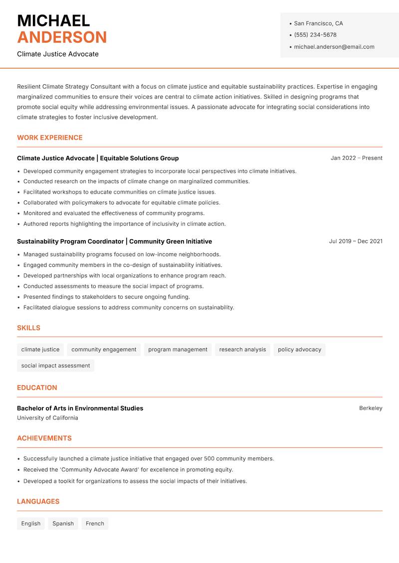Climate Strategy Consultant resume sample — Climate Justice Advocate focus