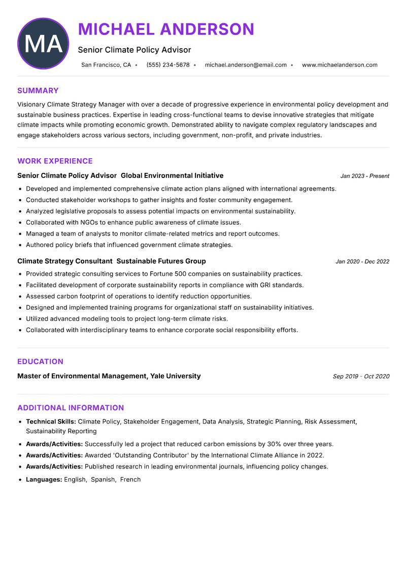 Climate Strategy Manager resume example