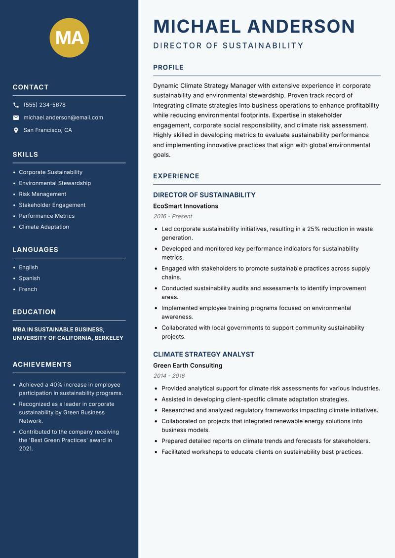 Climate Strategy Manager resume sample — Director of Sustainability focus