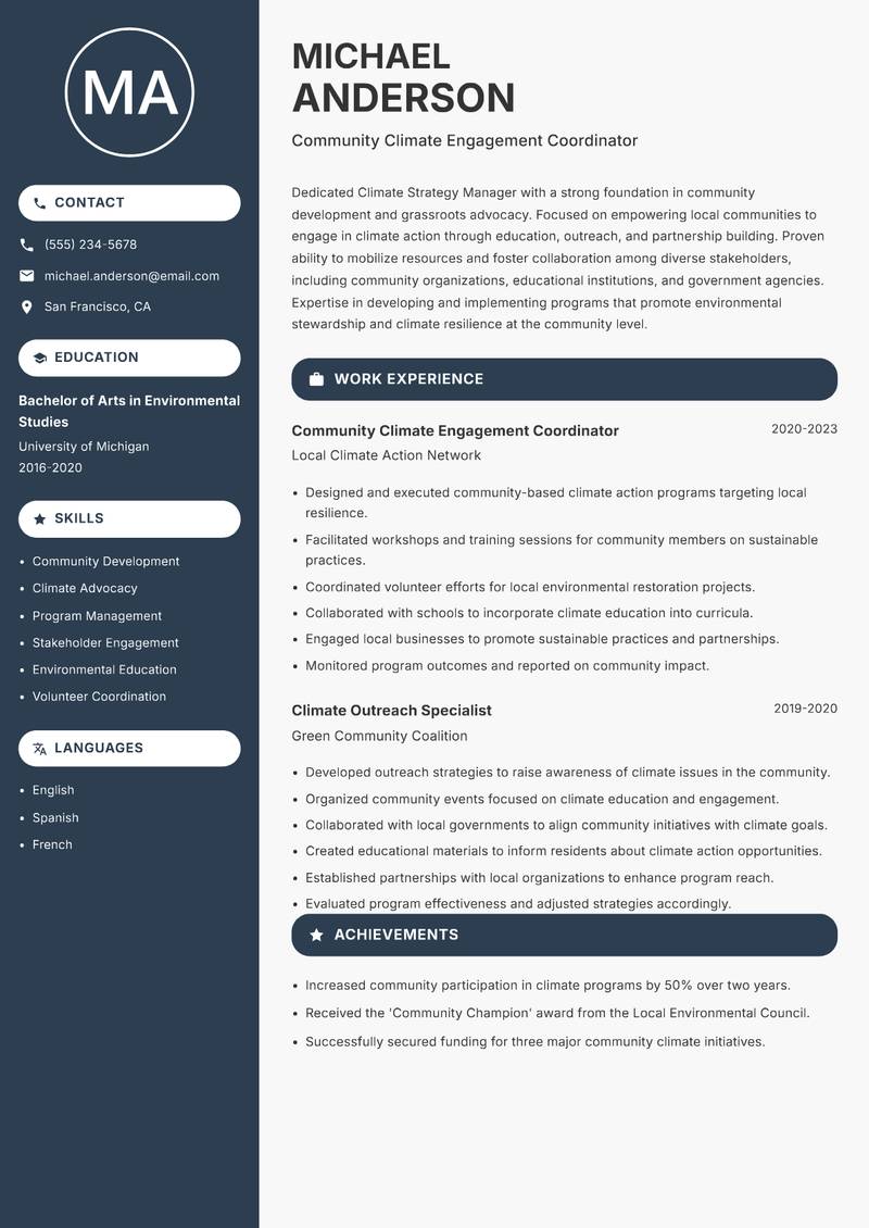 Climate Strategy Manager resume sample — Community Climate Engagement Coordinator focus