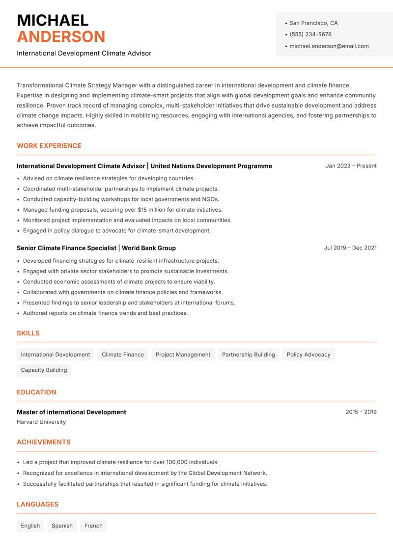 Climate Strategy Manager resume sample — International Development Climate Advisor focus