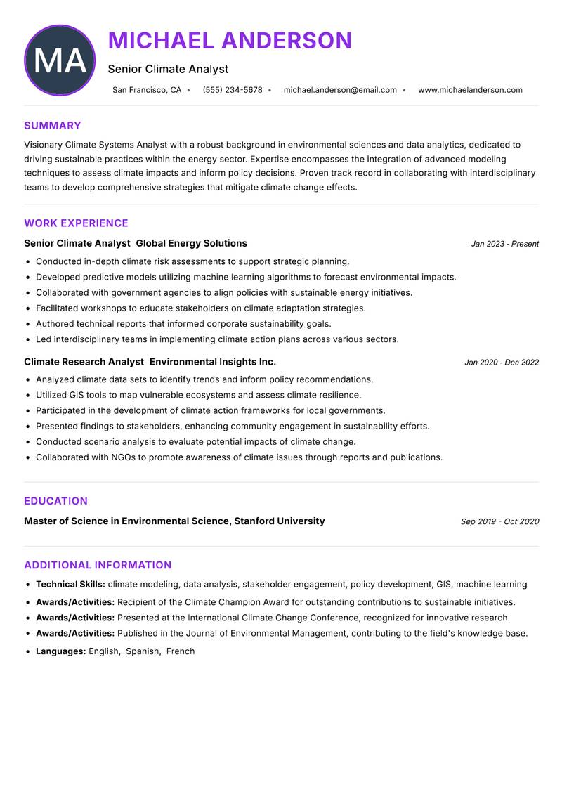 Climate Systems Analyst resume example