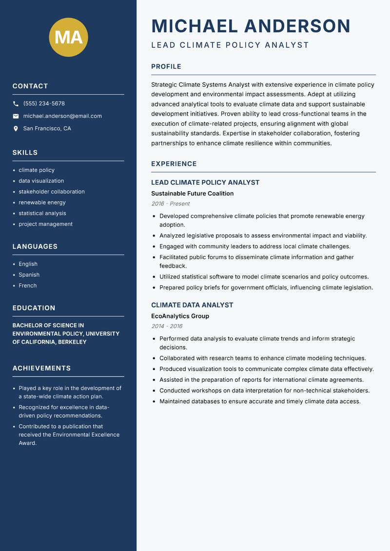 Climate Systems Analyst resume sample — Lead Climate Policy Analyst focus
