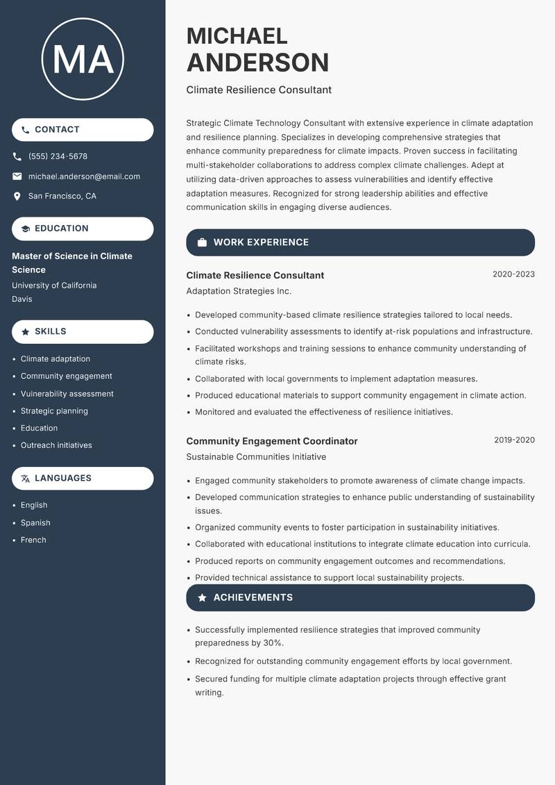 Climate Technology Consultant resume sample — Climate Resilience Consultant focus