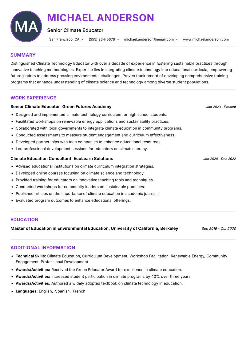 Climate Technology Educator resume example