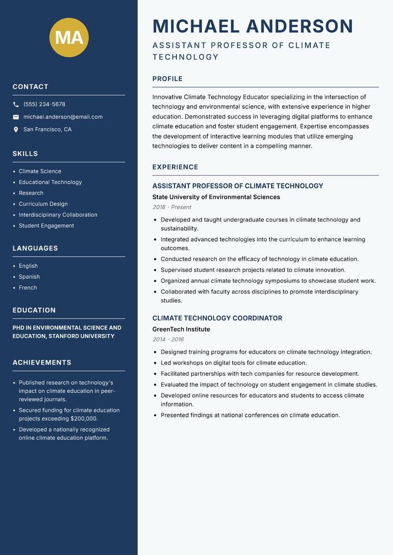 Climate Technology Educator resume sample — Assistant Professor of Climate Technology focus