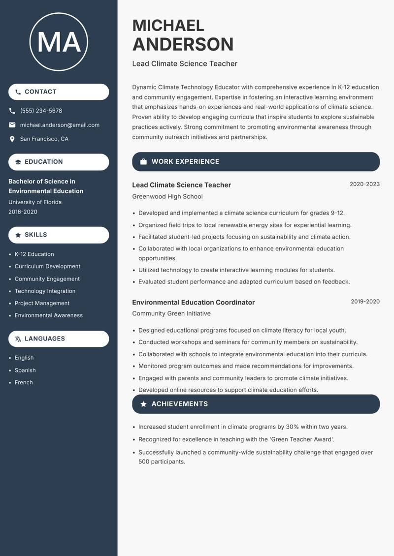 Climate Technology Educator resume sample — Lead Climate Science Teacher focus