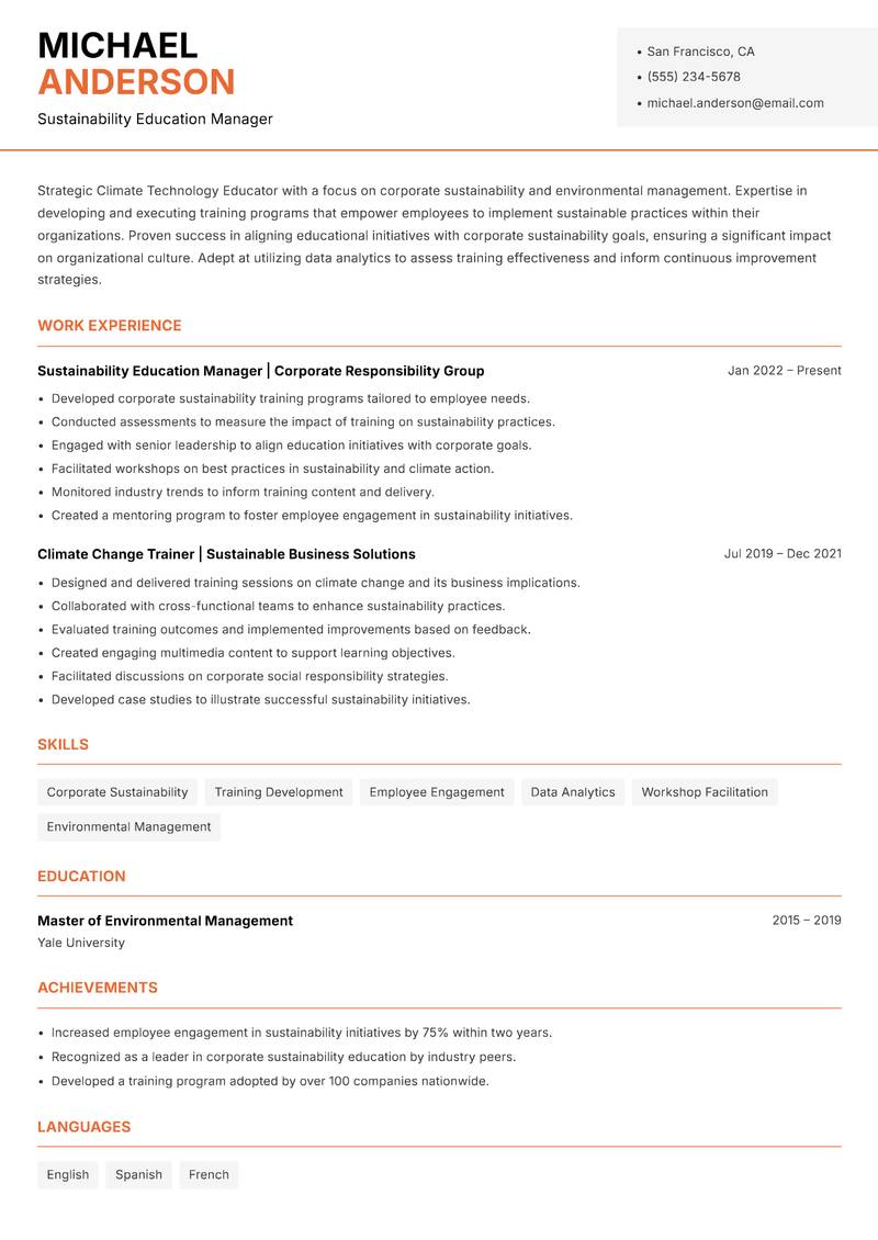 Climate Technology Educator resume sample — Sustainability Education Manager focus