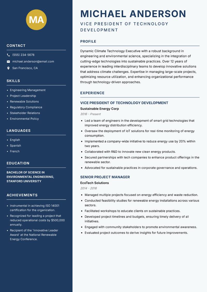 Climate Technology Executive resume sample — Vice President of Technology Development focus