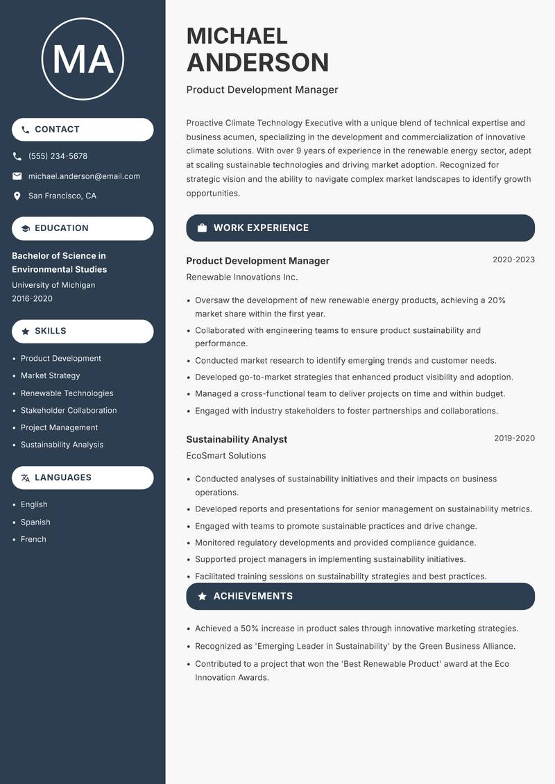 Climate Technology Executive resume sample — Product Development Manager focus
